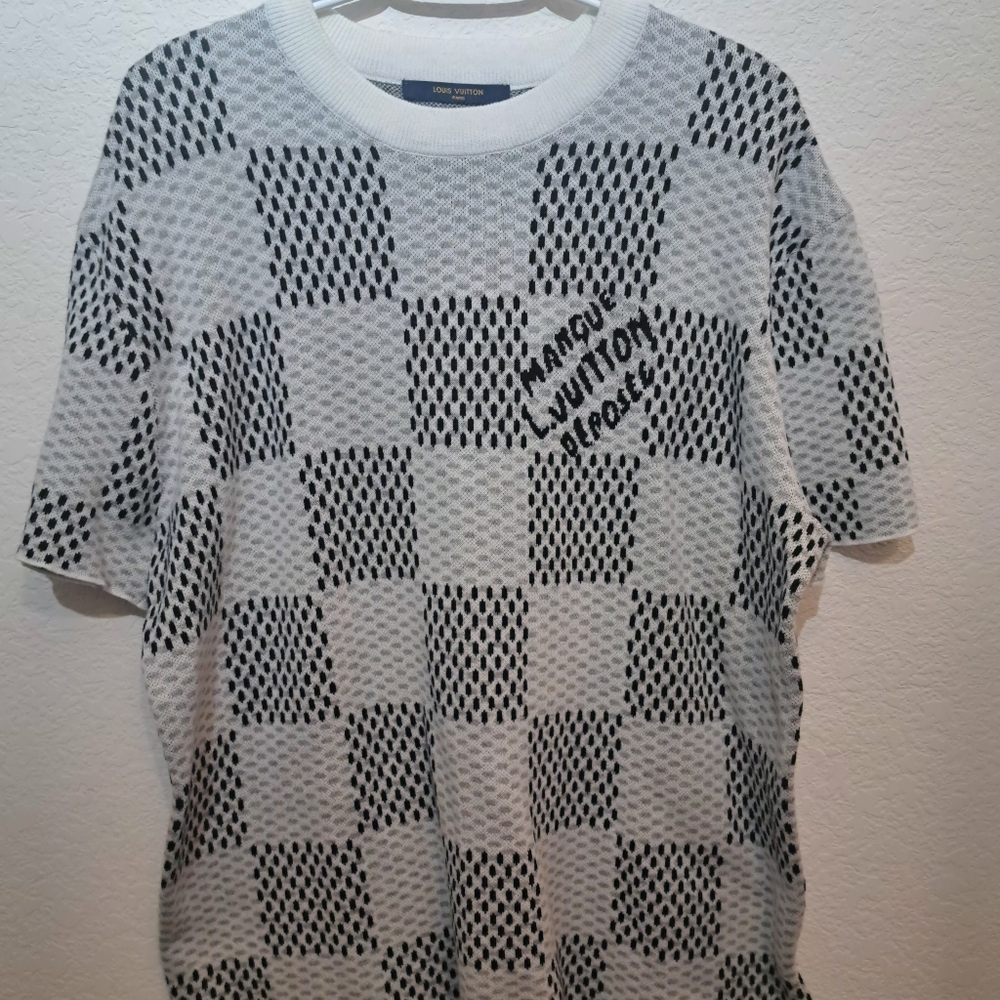 Louis Vuitton 100% Knitted Cotton Damier Light Grey/Black T-Shirt Large